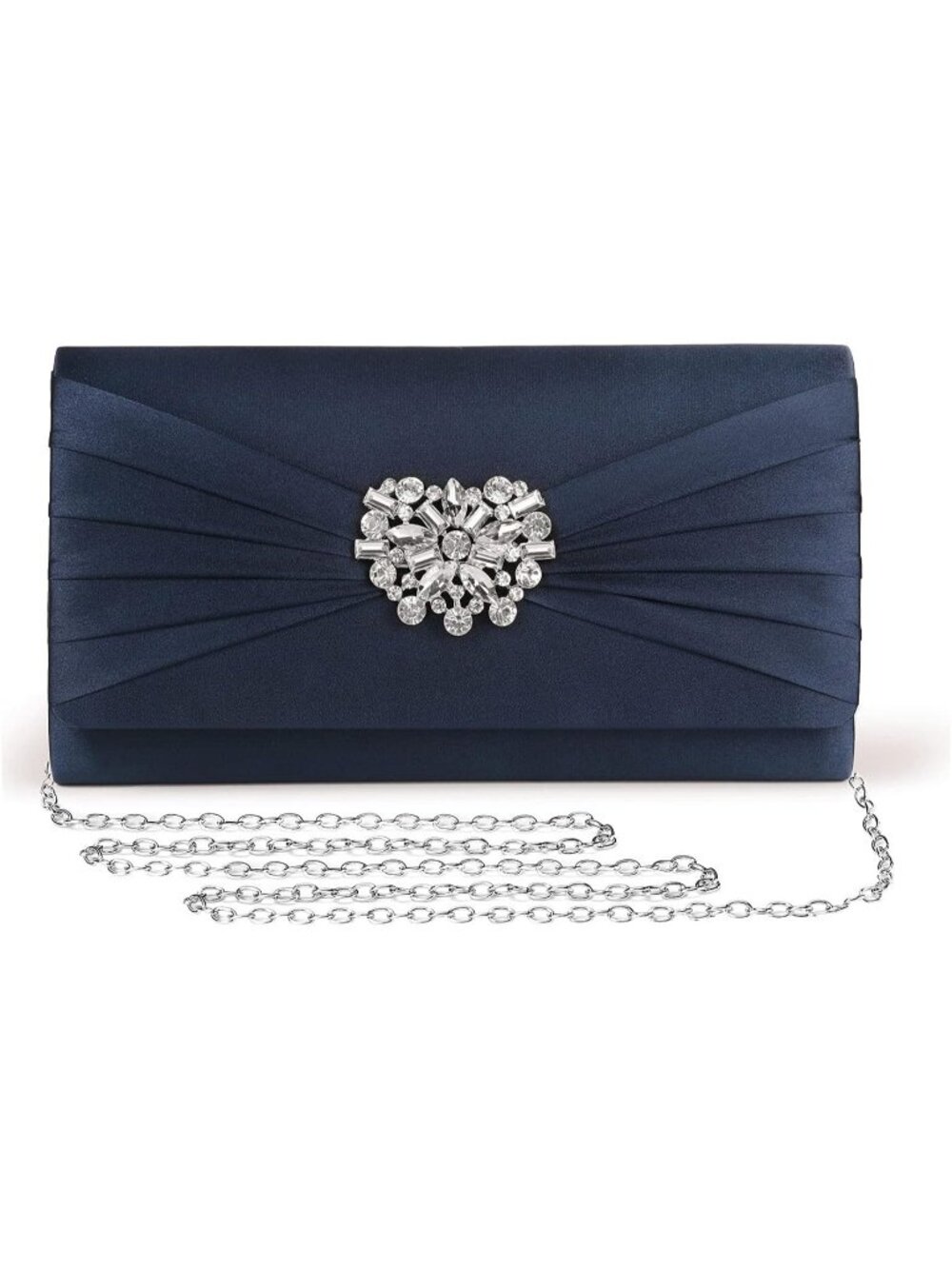 Womens Deep Navy Blue Satin Rhinestone Clutch Prom Detachable Chain Evening Bag